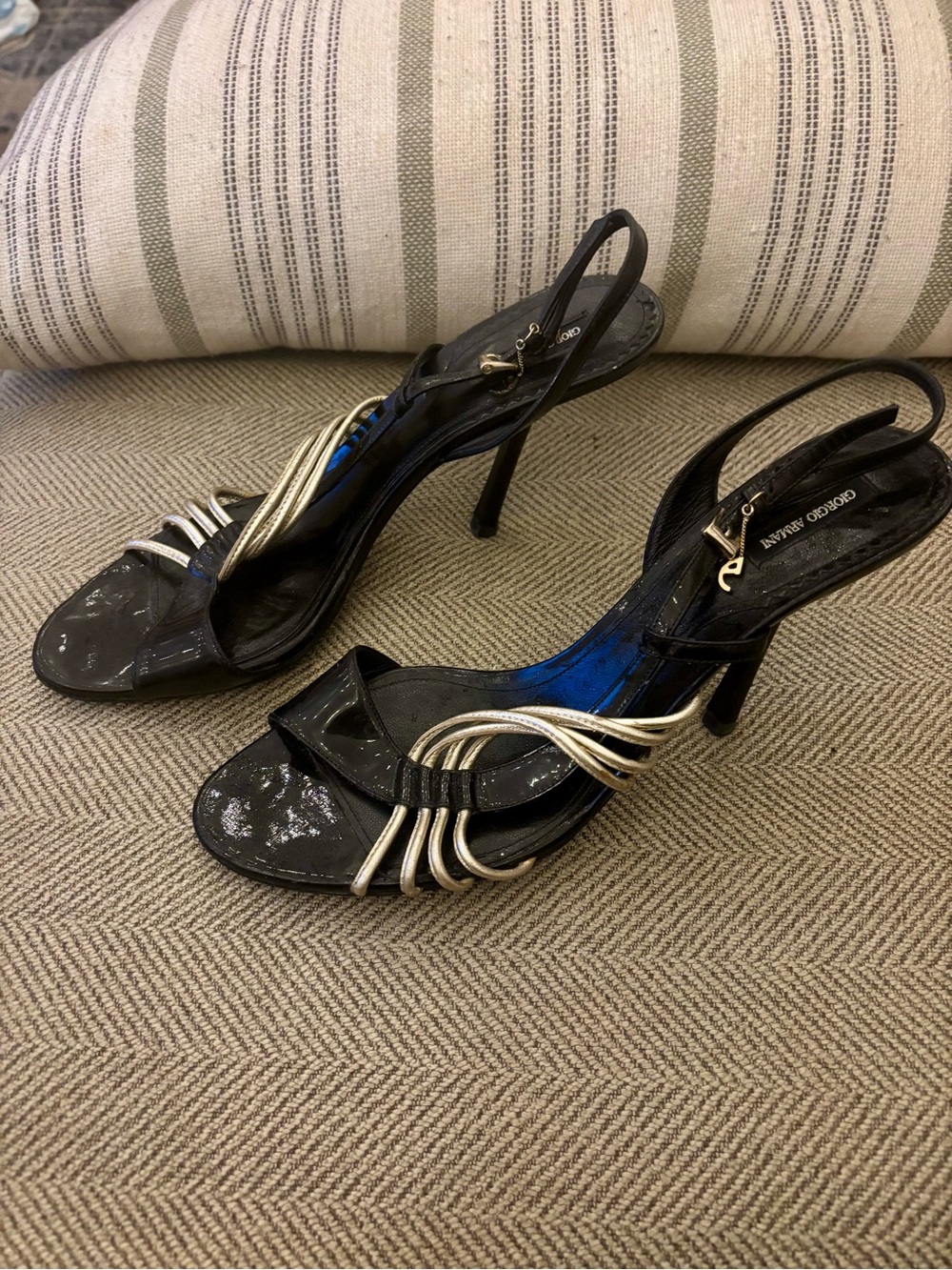 Authentic Vintage Giorgio Armani Black Slingback Heels with Gold Straps